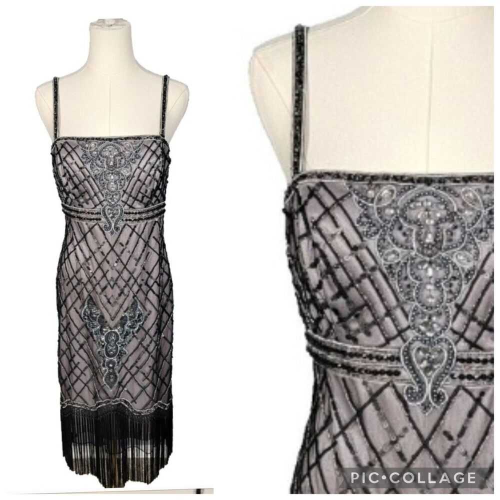 Sue Wong New Size 8/Med Beaded Dress Fringe New Gatsby Hoco Platinum Black - Picture 3 of 17